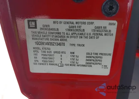 2005 Chevrolet Silverado 1500 Work Truck from USA, damaged, VIN 1GCEK14V35Z134970